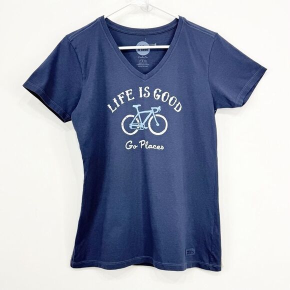 Life is Good Go Places Blue White Bicycle Graphic Short Sleeve Crusher T Shirt - Picture 1 of 12